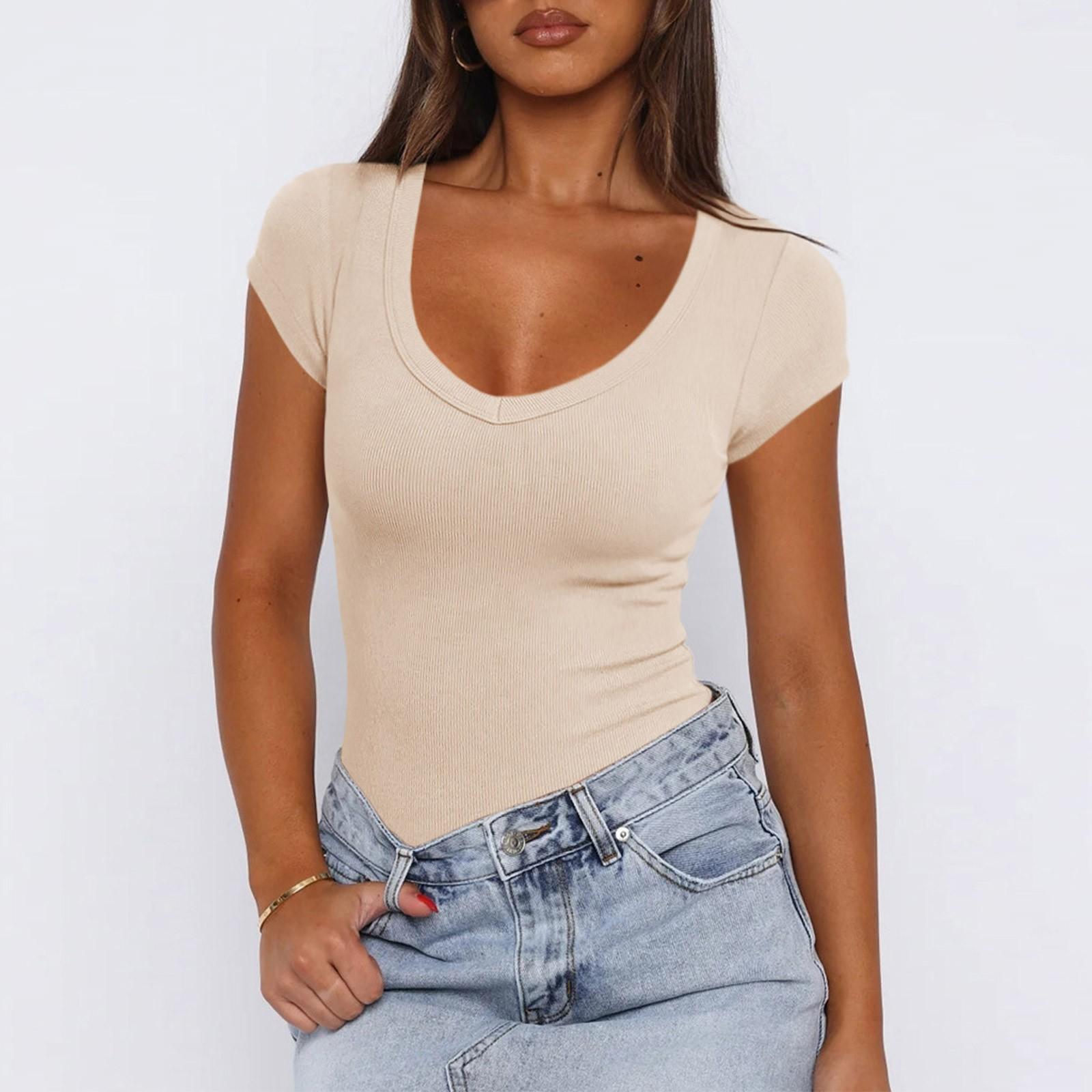 

Женский пуловер с резьбой, однотонный универсальный сексуальный модный топ с короткими рукавами XL бежевый