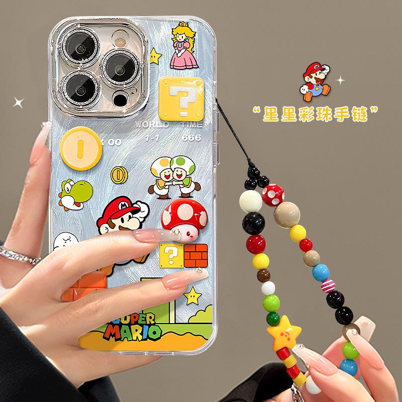 Mario Doll Bracelet for Apple 16 Feather Yarn Mobile Phone Case Xiaomi 14Pro Feather Yarn 15 Cute Cartoon 13