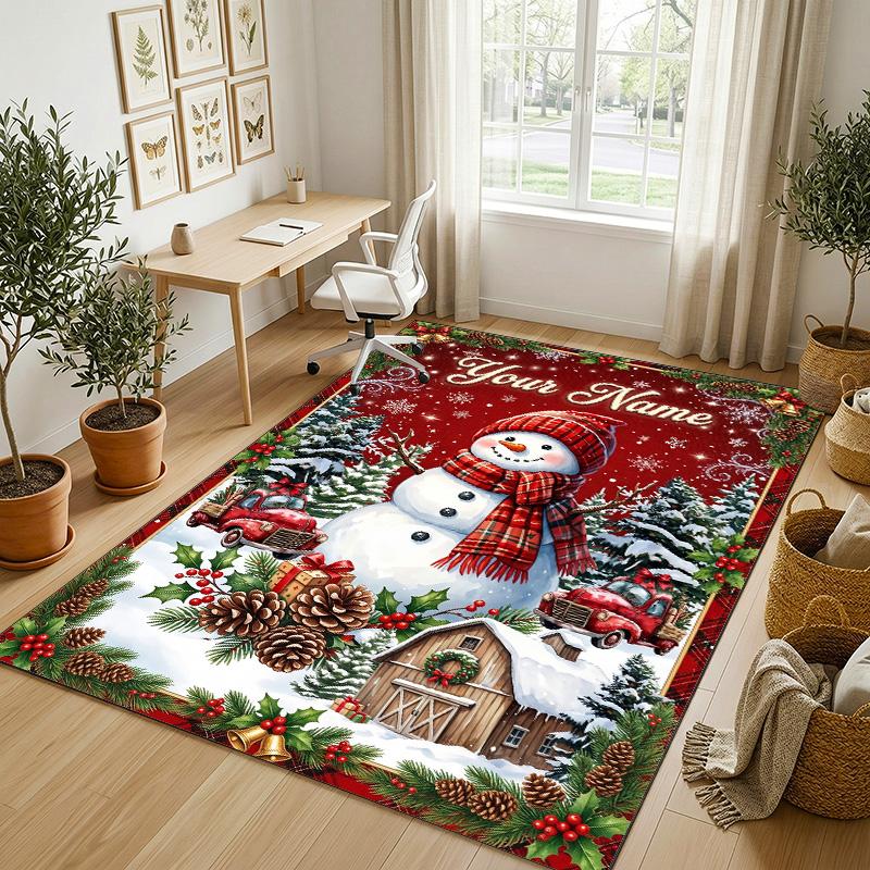 Christmas Theme Crystal Velvet Rug Personalized Custom Name Text Soft Floor Mat Home Decor