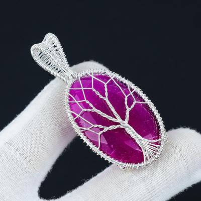 Kashmir Ruby Pendant Gemstone, Handmade 925 Sterling Silver Pendant, Oval Gemstone Ruby Jewelry, Wire Wrapped Pendant Tree Of Life Jewelry