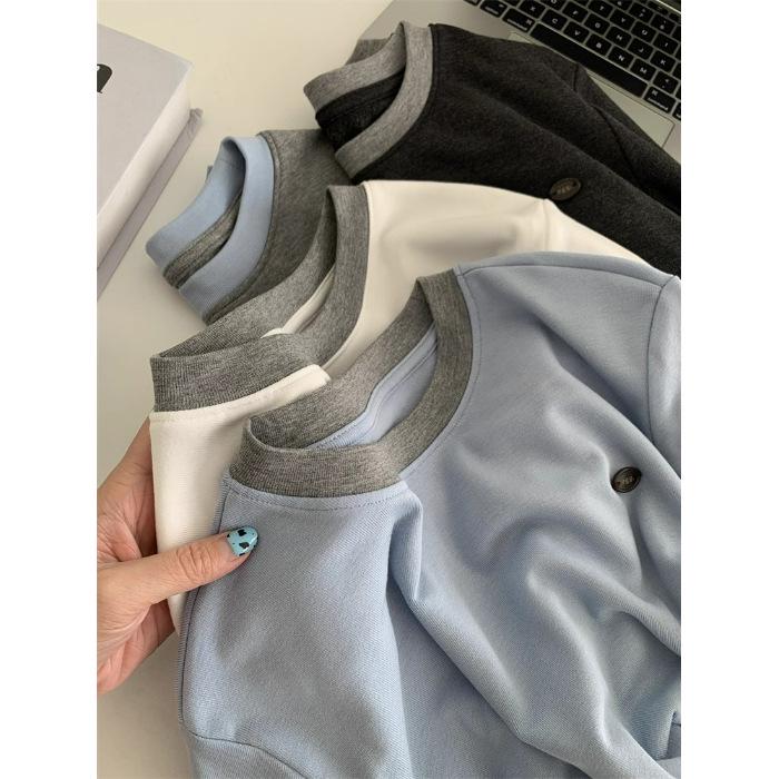 

2025 Autumn/Winter Plus Size Color Block Round Neck Long Sleeve Casual T-shirt for Women L