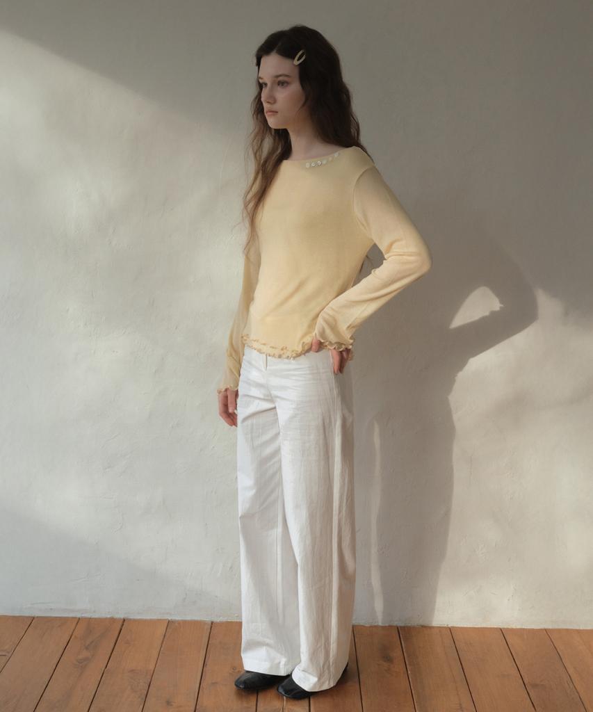 Aueonoseuteljia Button Boat Neck Wave T-Shirt_Light Yellow(O25-Tp20)