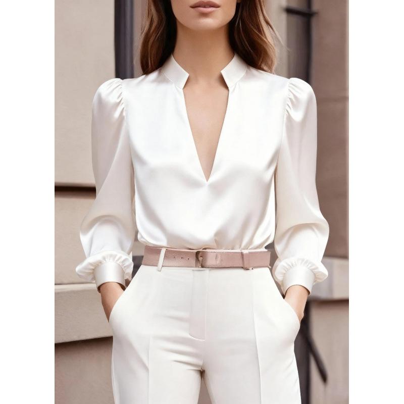 2025 New Spring and Autumn Satin Long-sleeved Slim Professional Style Design Tops for Women