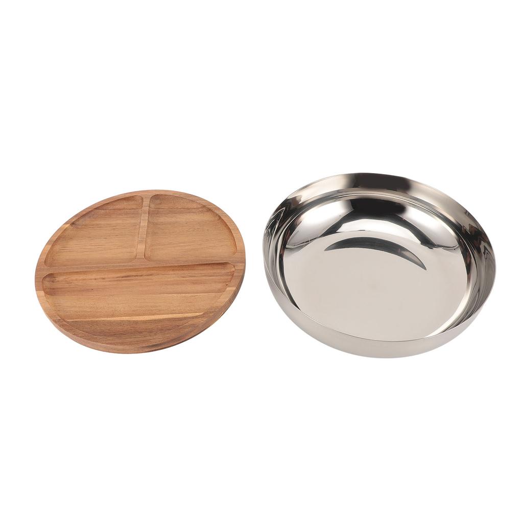 Stainless Steel Salad Bowls with Wood Lids Large Capacity Multifunctional Thickened Round Salad