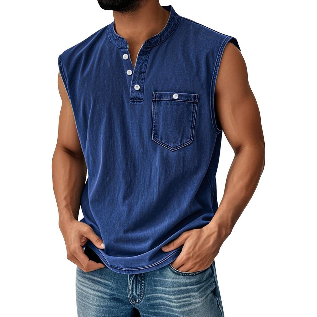 Canotta da uomo senza maniche con scollo Henley, abbottonatura e taschino sul petto, vestibilità casual ampia, maglietta estiva