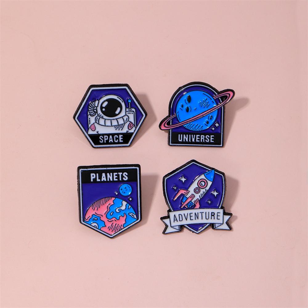 4 Styles Funny Space Adventure Universe Planets Design Enamel Brooches Spaceman Astronaut Rocket Earth Metal Pins
