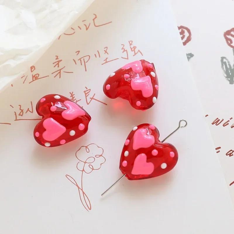 TX76 20mmx19mm 2pcs Cute Glass Petite Heart Beads DIY Straight Hole Exquisite Making Heart Love Red Handmade Bracelet Material