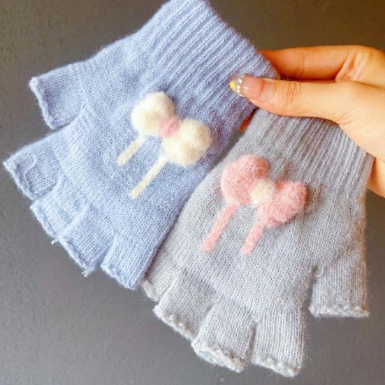 1 Pair Winter Half Finger Gloves for Women Cute Fingerless Mittens with Bow Plush Warm Stretchy Gloves for Women Girls