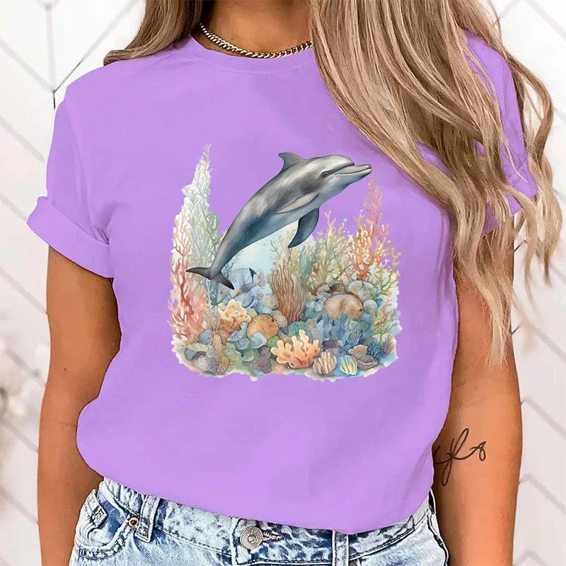 Premium T-shirt Funny Dolphin Print T-Shirts For Women Summer Round Neck Tee Shirt Femme Fashion Casual T-Shirts Fast Delivery