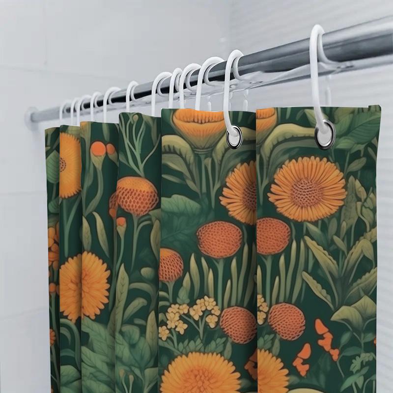 Vibrant Floral Shower Curtain Green Orange Modern Decor For Bathroom 3D Printed Water Repellent Fabric Customizable Size Availab