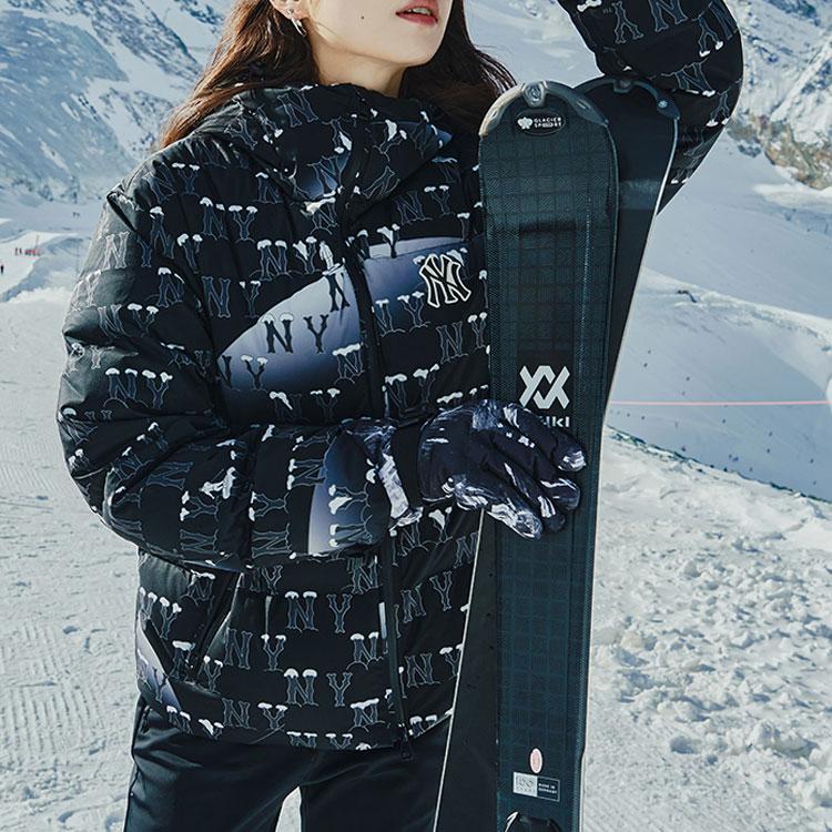 MLB New York Yankees Logo All Over Print Hooded Down Jacket Short Women Jackets Black 3FDJMS226-50BKS