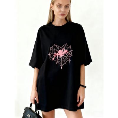 Übergroßes T-Shirt-Kleid Schwarz Pink Spinnennetz-Print Lässige Streetwear Mode Für Damen