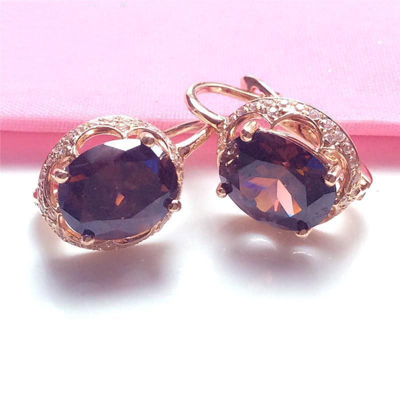 Exquisite Pure Russian 585 Purple Gold Exquisite Personalized Versatile Egg Surface Rose Gold Inlaid Smoke Stone Earrings
