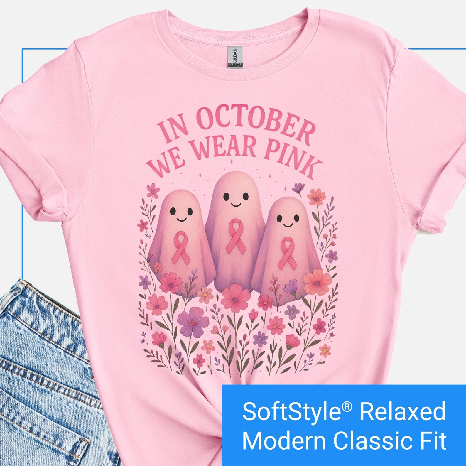 Breast Cancer Awareness Halloween Tshirt, In October We Wear Pink Tee, Cute Ghost Pink Ribbon Cancer Awareness Shirt, Halloween Cancer Tee 2XL