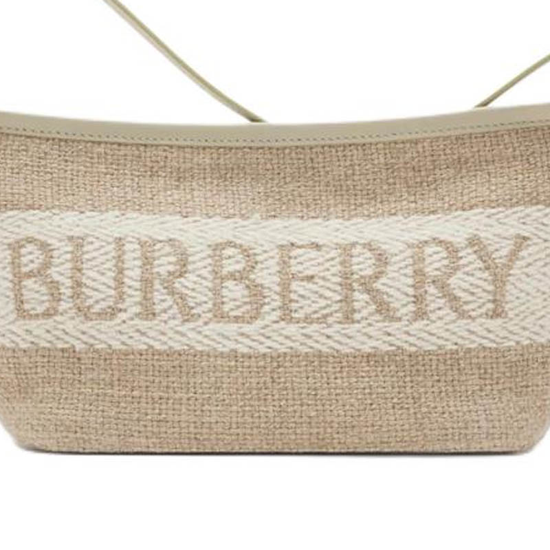 Burberry Beige Woven Canvas Logo Hobo Crossbody Bag With Gold Hardware For Daily Use