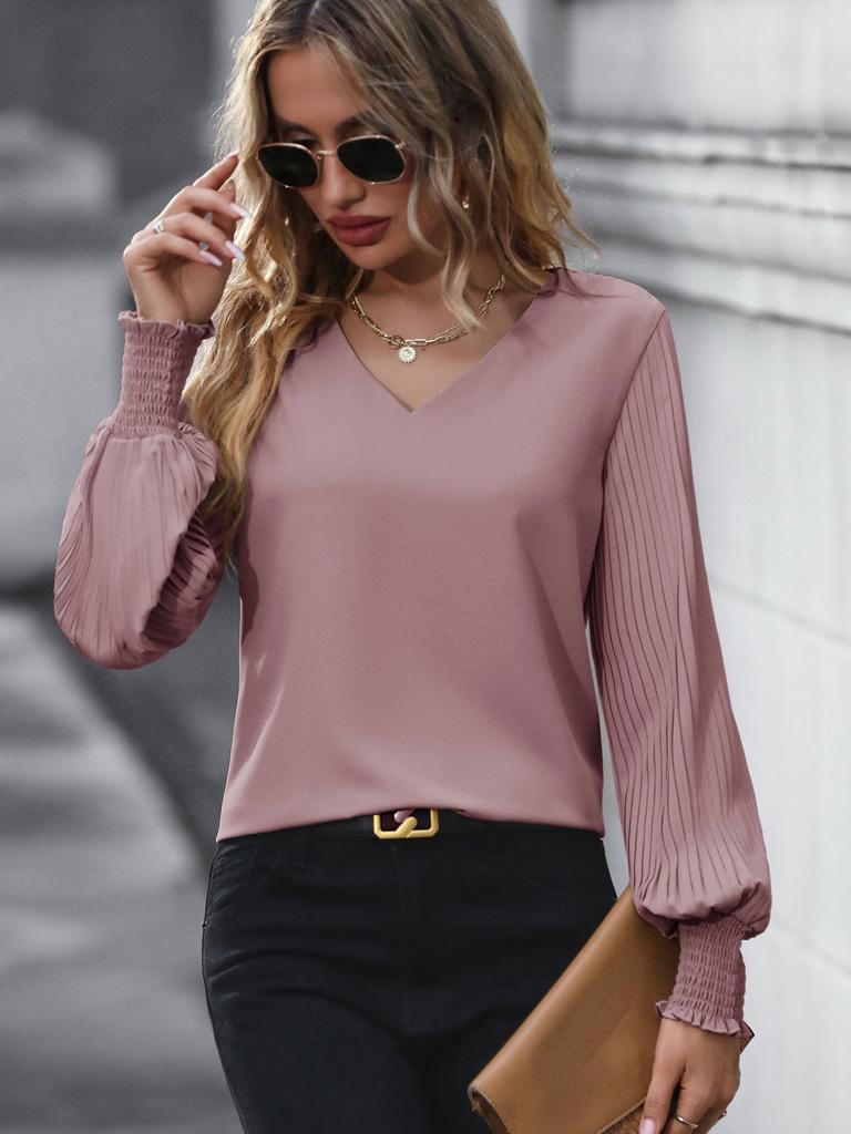 2025 Women's Solid Color Shirt with Pleated Lantern Sleeves Casual Office Tops for Spring Autumn Hot Sale