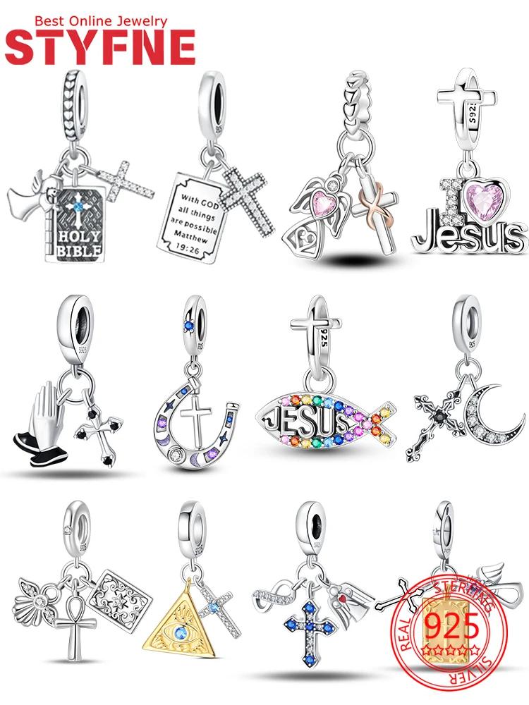 Charms Shiny Zircon Bible Cross Moon Prayer Hand Beads Copper Pendant Diy Women Jewelry Fit Original Bracelet Necklace Gift