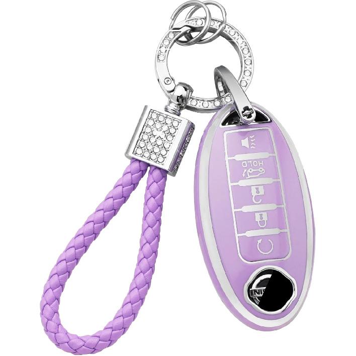 PIFOOG Key Fob Cover For Nissan 5 Button Purple With Bling Keychain Girly Car Keys Case Shell Full Covers Protector Accessories For Altima Sentra