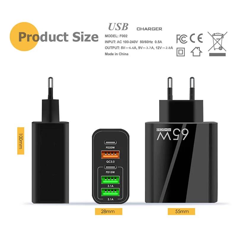 65W PD Charger 5V 7A Fast Charging 5 Port USB For iPhone 13 12 Pro iPad  Xiaomi Samsung Type C Phone Adapter EU US UK Plug