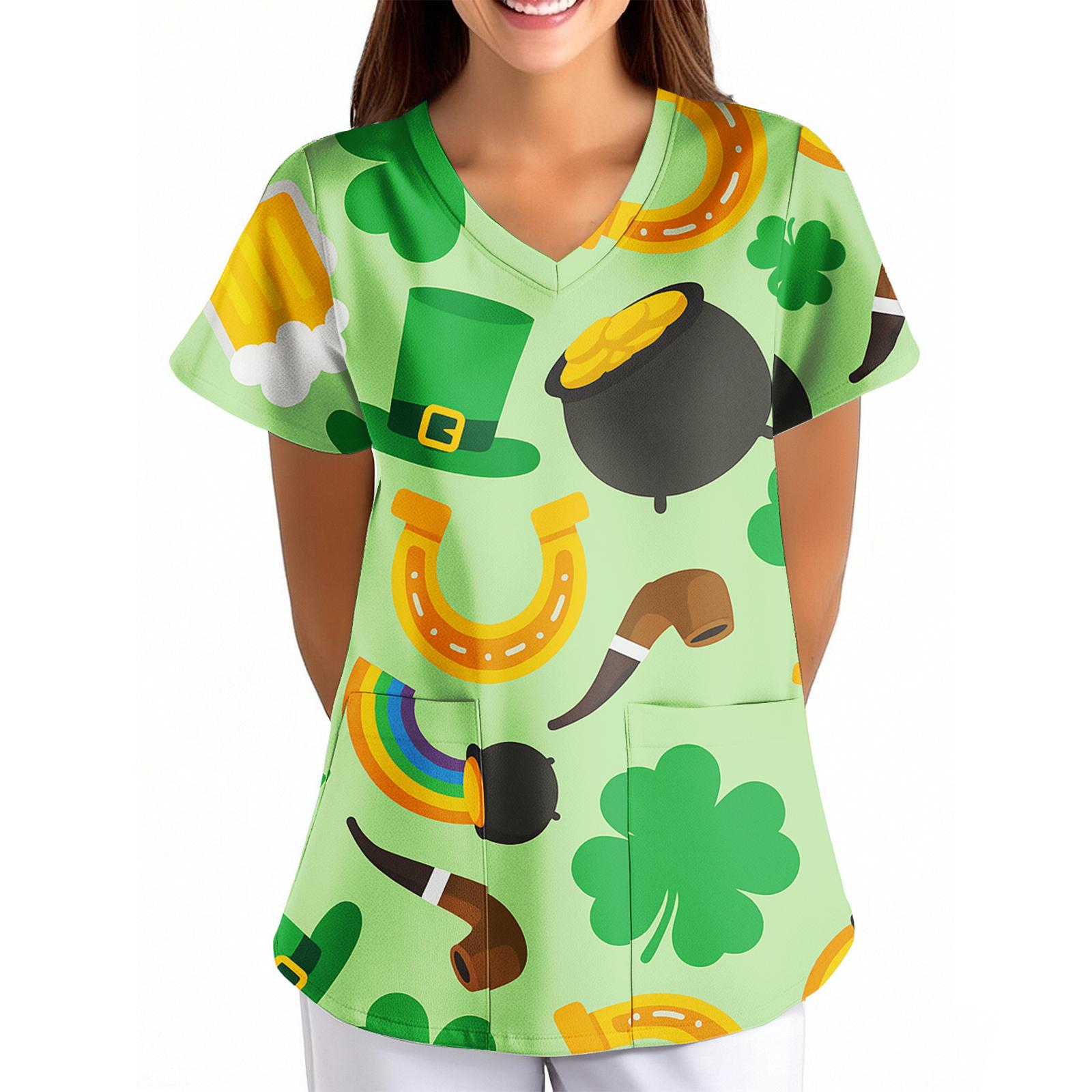 

Women s Printed Loose V-Neck Pocket Short-Sleeve Uniform XL