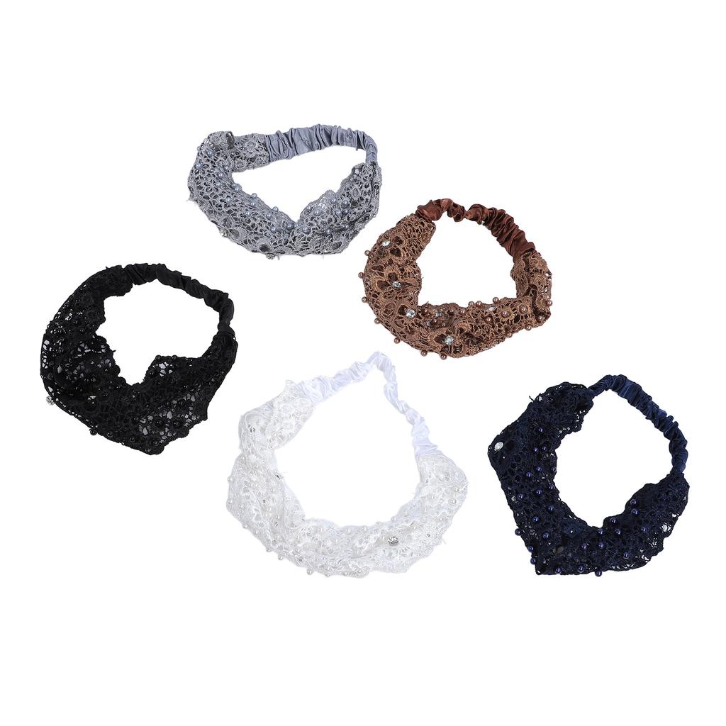 5 Stück Spitze Elastische Stirnbänder Damen Breit Floral Spitze Kopfwickel mit Perlenbesatz Elegant Haar
