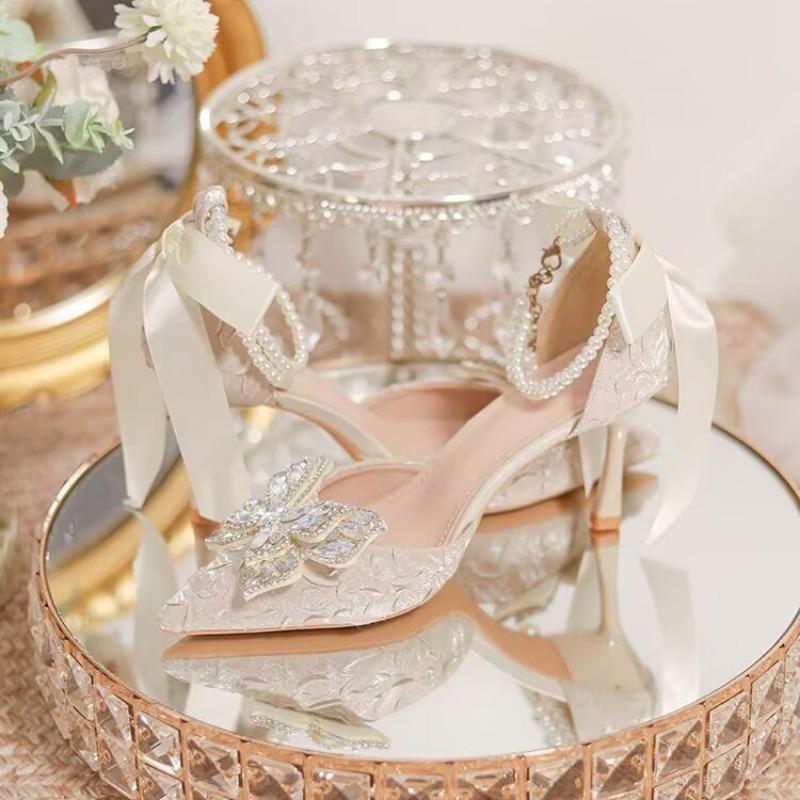 Fashion Autumn New Coarse Heel Single Shoes Women's Pointed Head Shallow Mouth Butterfly Knot Bead Non-slip Low Top Shoes