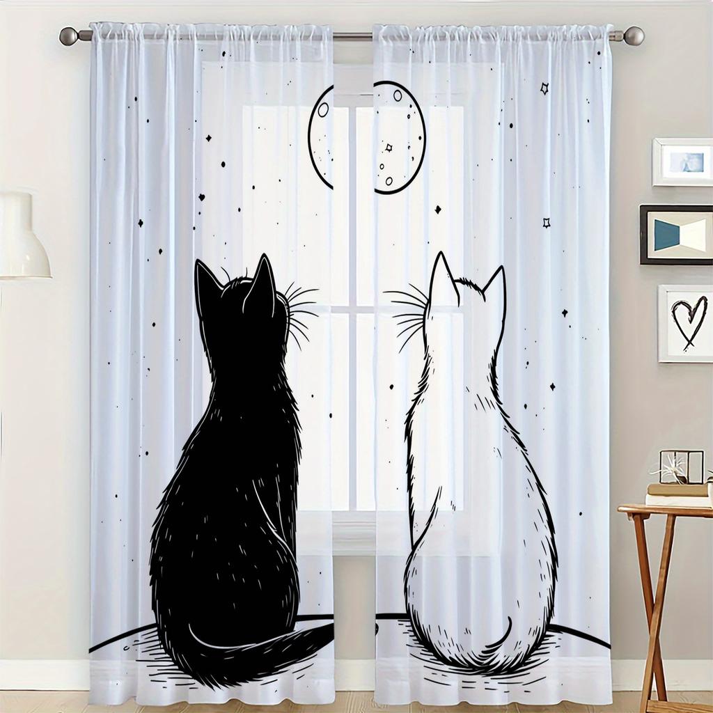 2 Pieces Hd Digital Black And White Kitten Printed Window Screen Home Decor Style Decoration Living Room Window Curtain