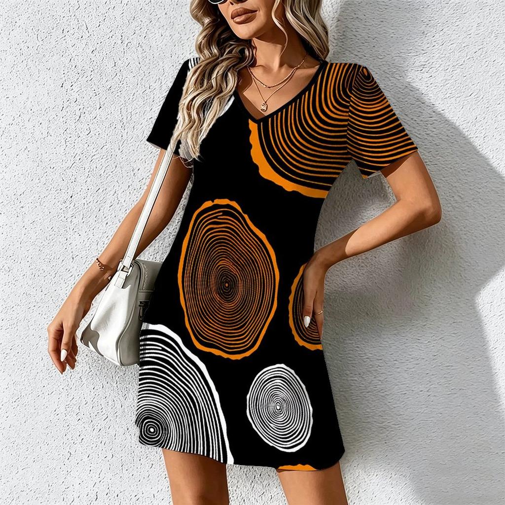 Yaz Moda Kadın V Yaka Kısa Kollu Retro Geometrik Desen Baskılı Elbise Seksi Kısa Etek Elbiseler