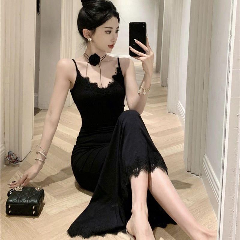 Pure lace suspender dress women's new Spice Girl waist thin black backing slim temperament long dress