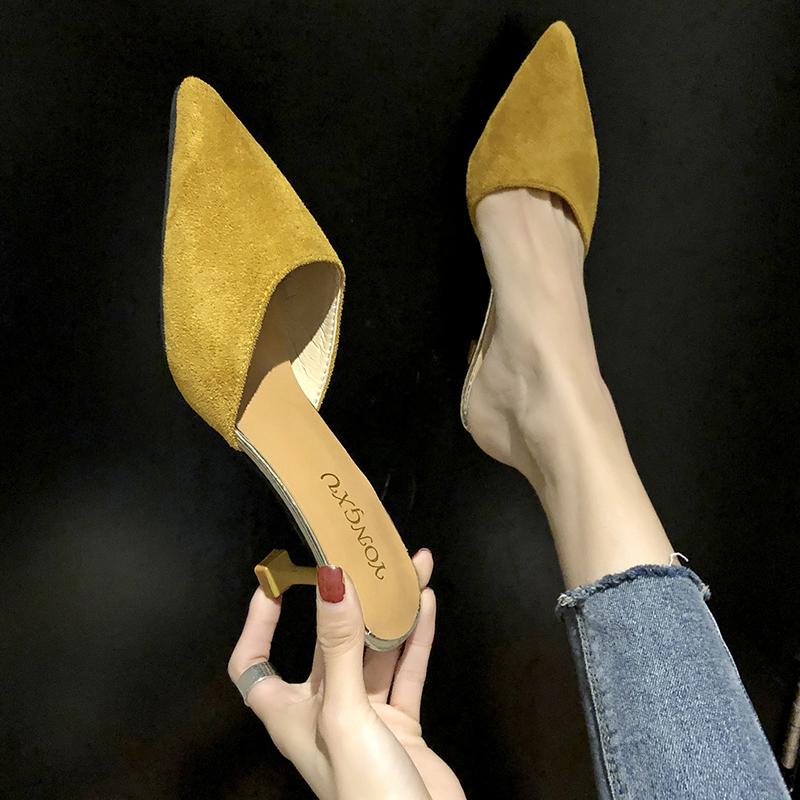 Classic Sandals for Women Slides Casual Thin High Heels Shoes for Women Solid Flock Slip on Pointed Toe Summer Sandals Plus Size