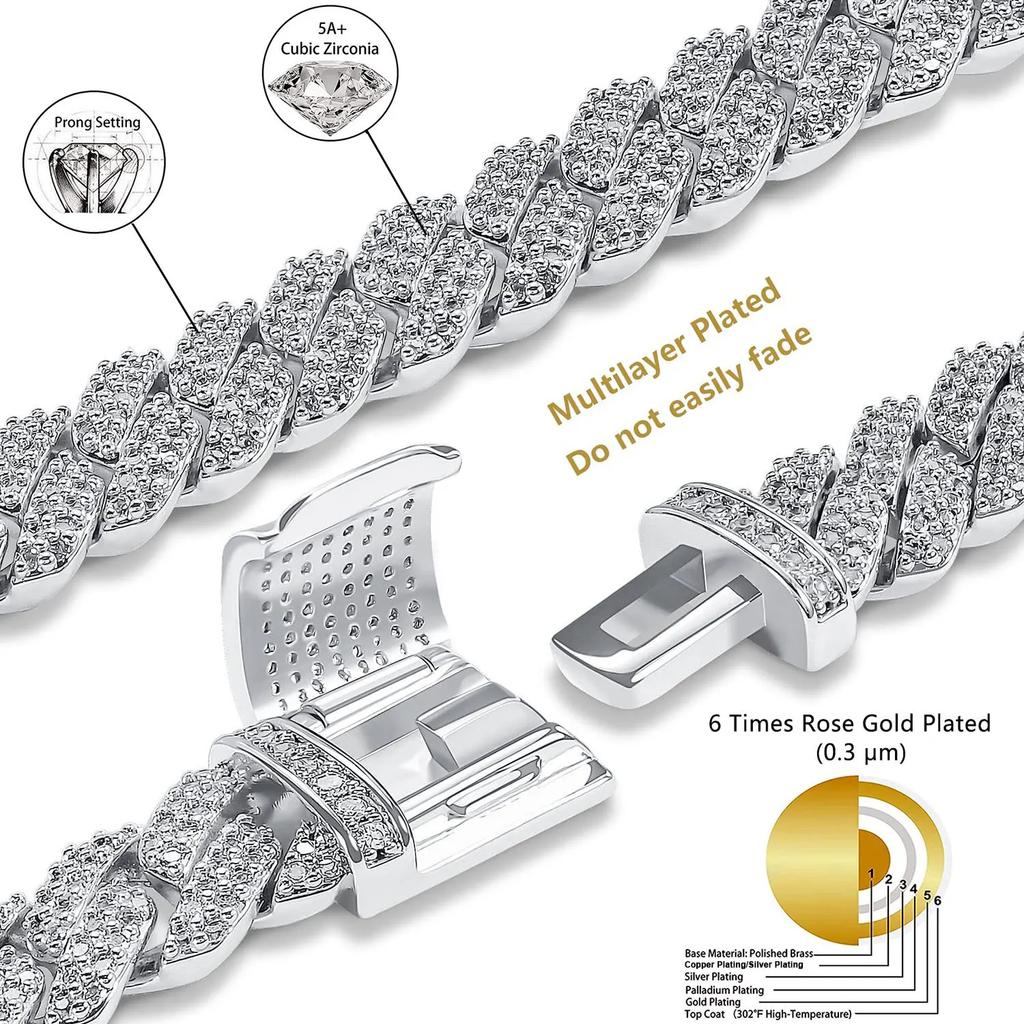 Iced Out 15mm Mens Miami Cuban Link Necklace Hip Hop CZ Cubic Zirconia Bling Prong Cuban Chain