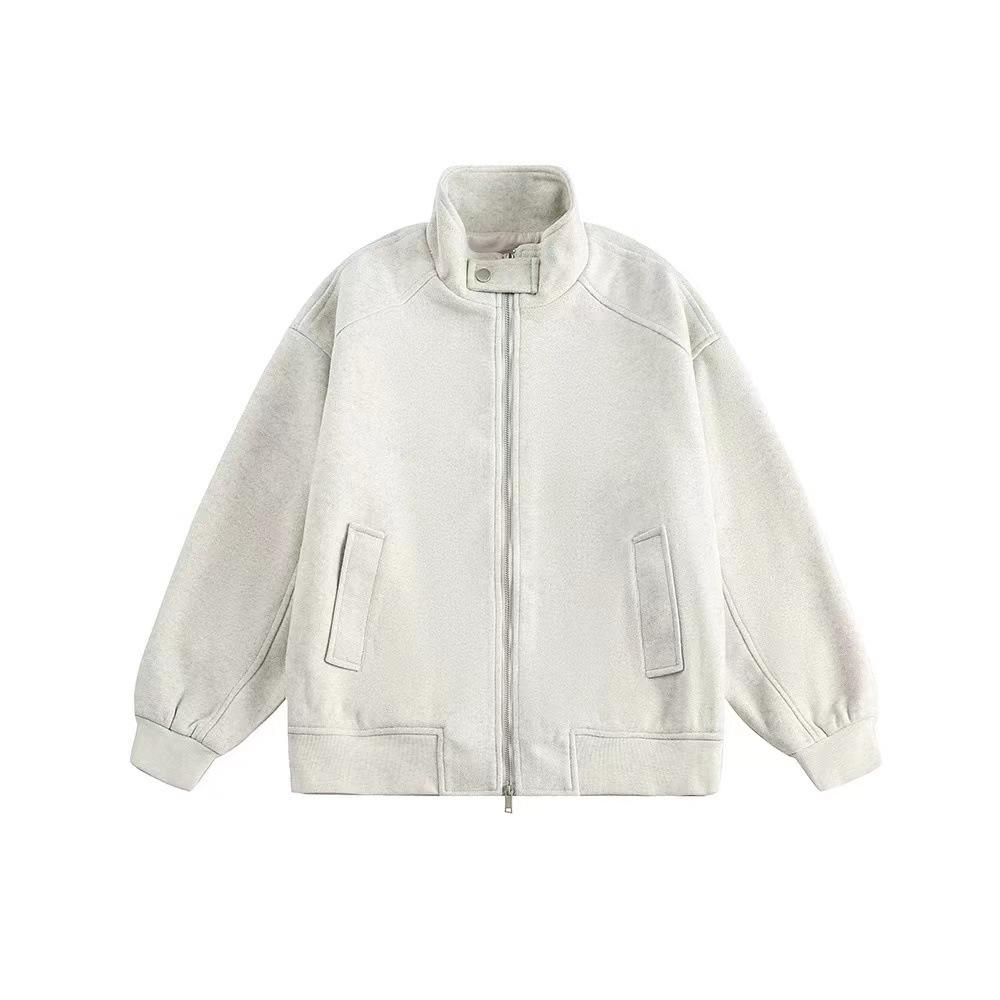 

Унисекс Трендовая Серая Шерстяная Спортивная Куртка со Стойкой Воротником - Американский Ретро Стиль XXL