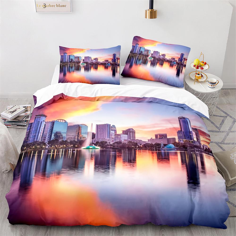 American City Landscape Duvet Cover Set Statue of Liberty Pattern King Queen Size Comforter Cover for Teen Polyester Bedding Set