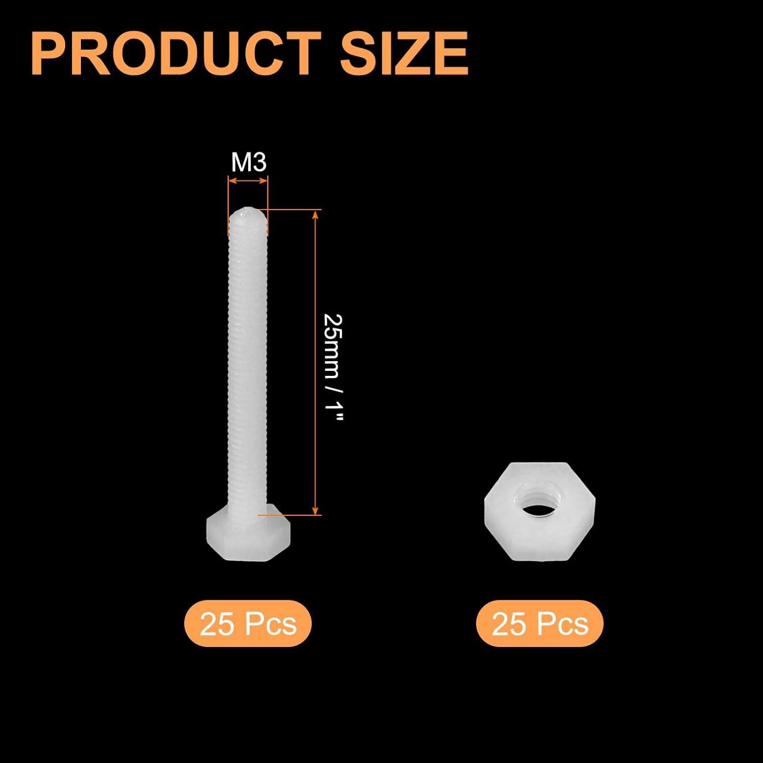 uxcell 25 Pair Nylon Screws Nuts Assortment, M3x25mm Hex Screws Bolts and M8 Hex Nuts for Machinery Electronics Industrial Accessories, White