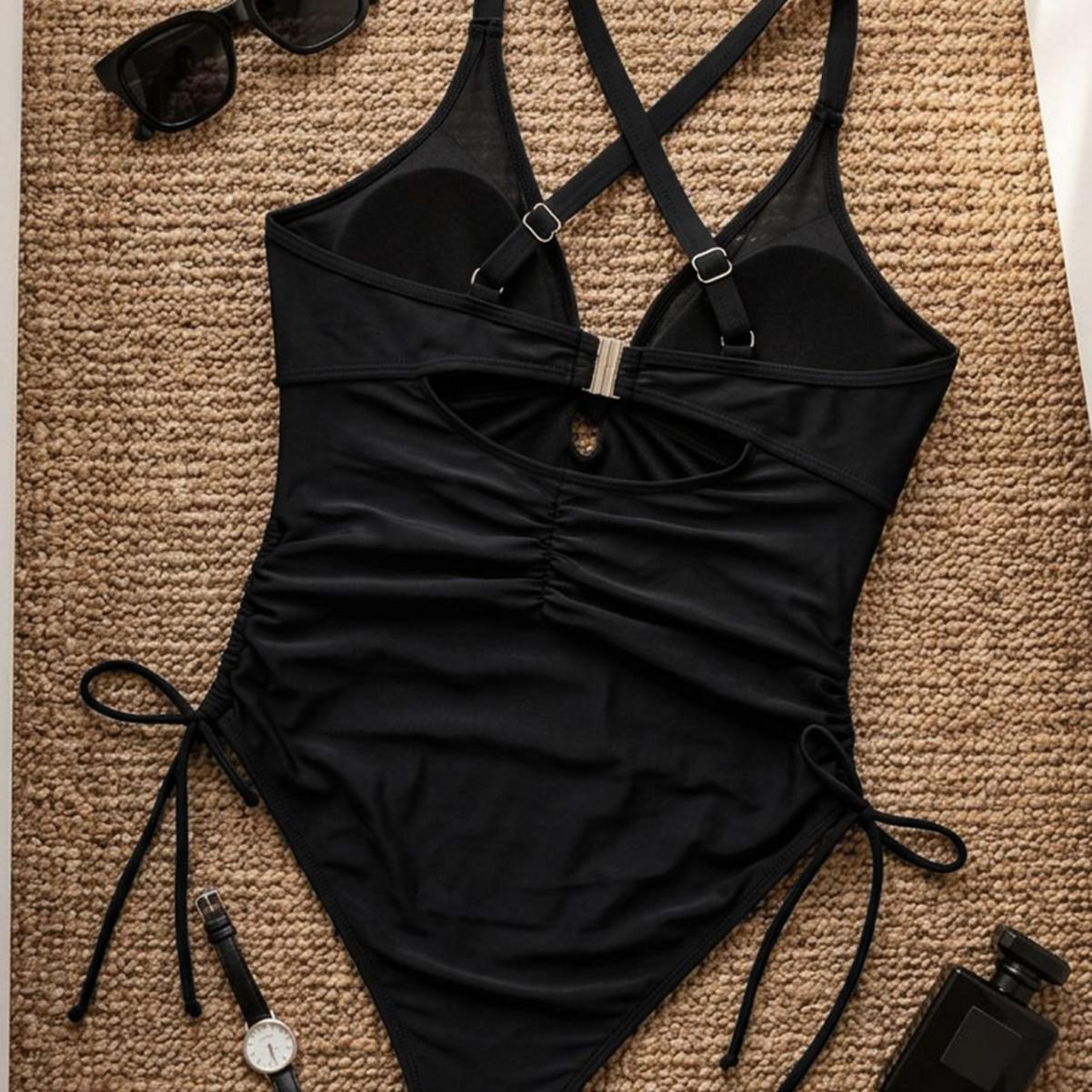 

Solid Color Hollow Out One Piece Drawstring Slim Fit Sexy Bikini Swimsuit Women Fashion Beach Vacation Elegant Wear XL