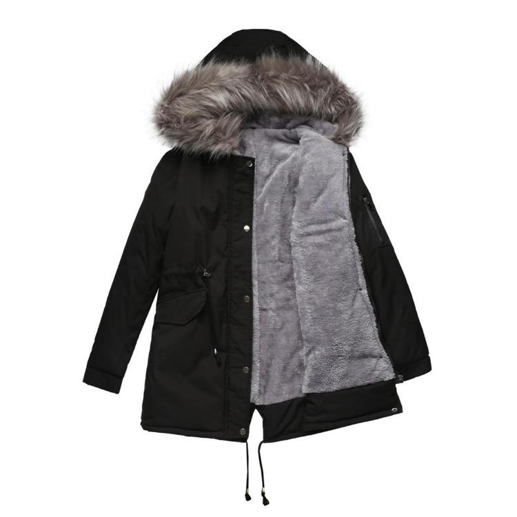 

Warm Fluffy Hooded Winter Parka Coat Medium Long Cotton Jacket with Collar Zipper S чёрный