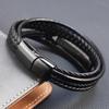 MingAo Free Custom Luxury Black Stainless Steel Family Name ID Bracelets for Men,Braided Leather Rope Chain Wristband Jewelry