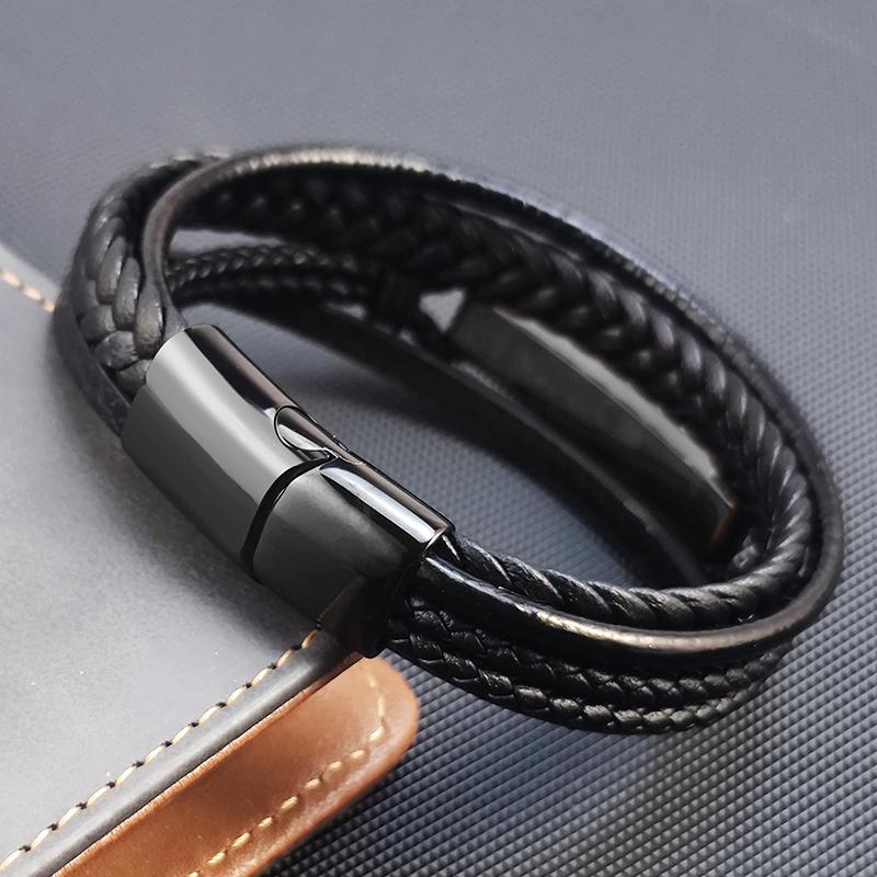 MingAo Free Custom Luxury Black Stainless Steel Family Name ID Bracelets for Men,Braided Leather Rope Chain Wristband Jewelry