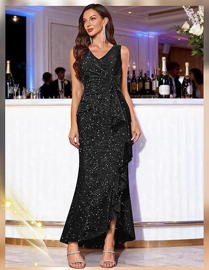 

New Sexy V-Neck Dress, Sequin Split Evening Dress Dinner Party S чёрный