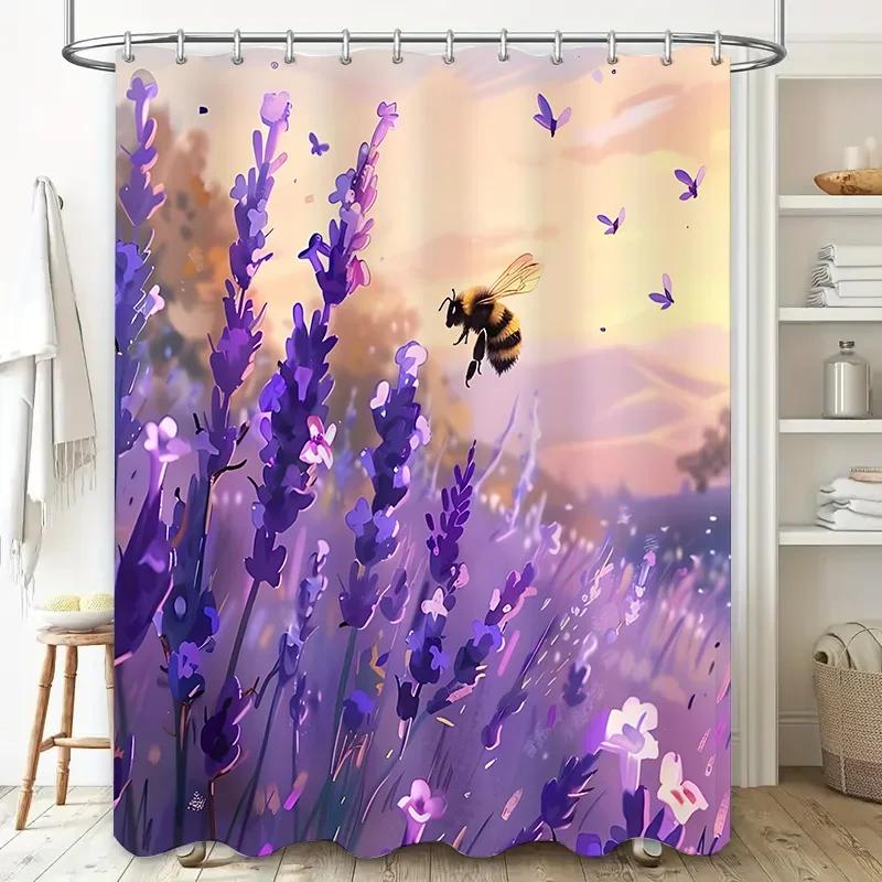 

Lavender Field Sunset Bee Dance Shower Curtain - Artistic Purple Flowers And Warm Glow For Your Bathroom Waterproof Polyester W60H190(CM)-1 Pcs