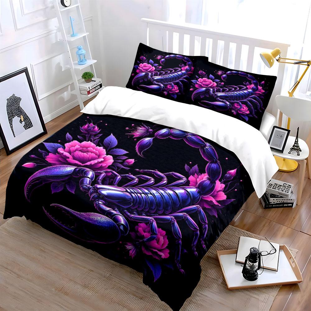 Vivid Scorpion Floral Trio Design Kid'S And Adults' Bedroom Decor, Exquisite Three-Piece Bedding Set Gift