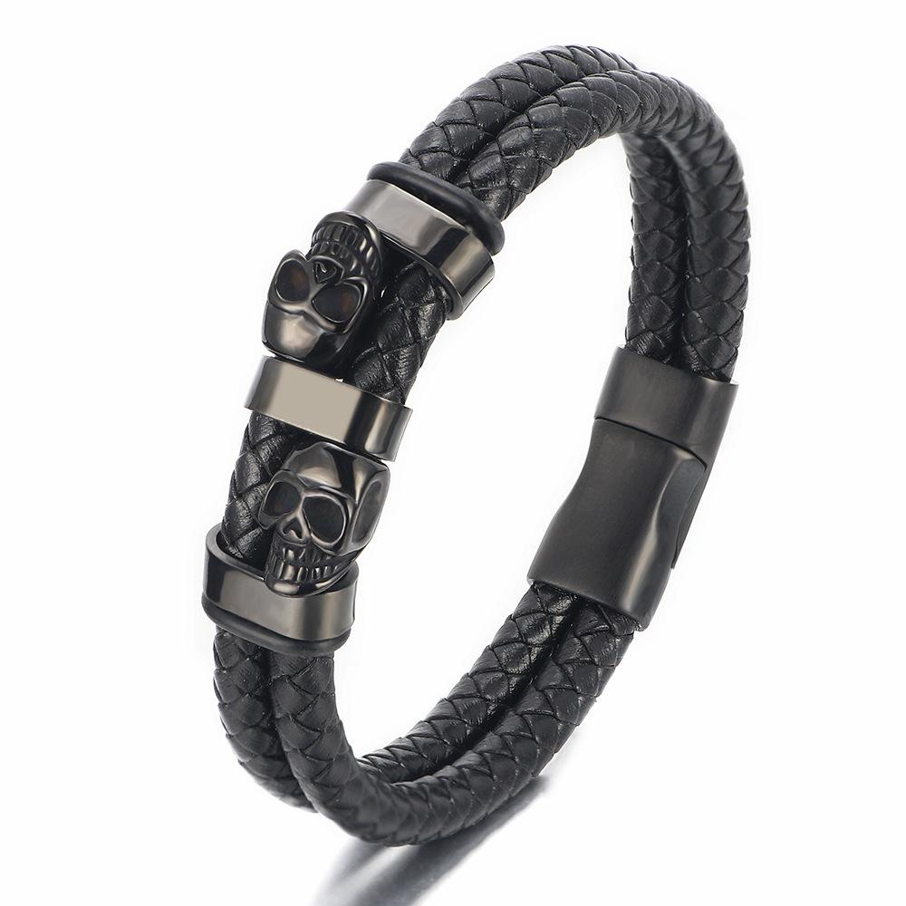 Men s Punk Skull Leather Bracelet Stainless Steel Magnetic Clasp Retro Fashion Jewelry Punk&19cm чёрный