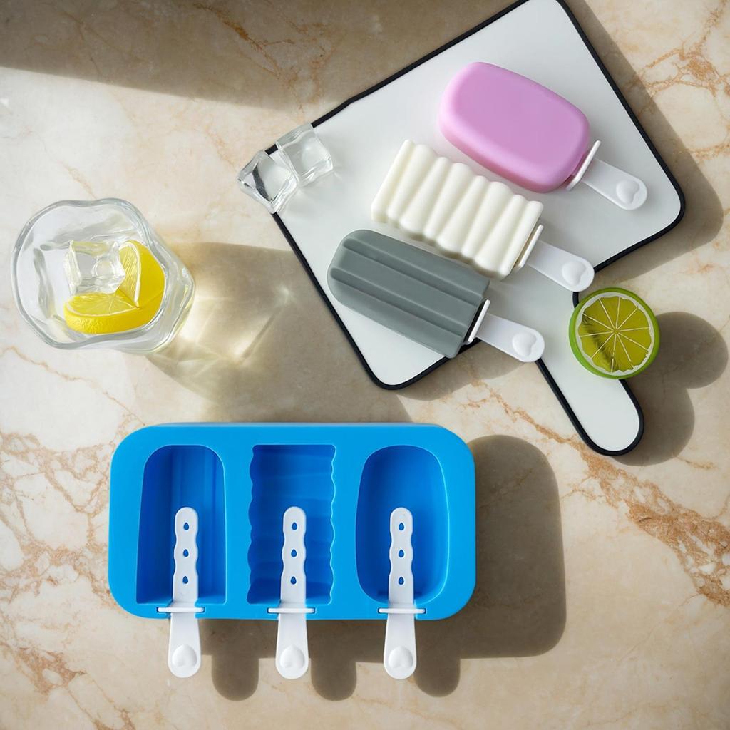 Homemade Ice Lolly Moulds 3-Cavity Ice Cream Mold Food Grade Silicone Ice Lattice Freezer Sticks Mould for Home Kitchen