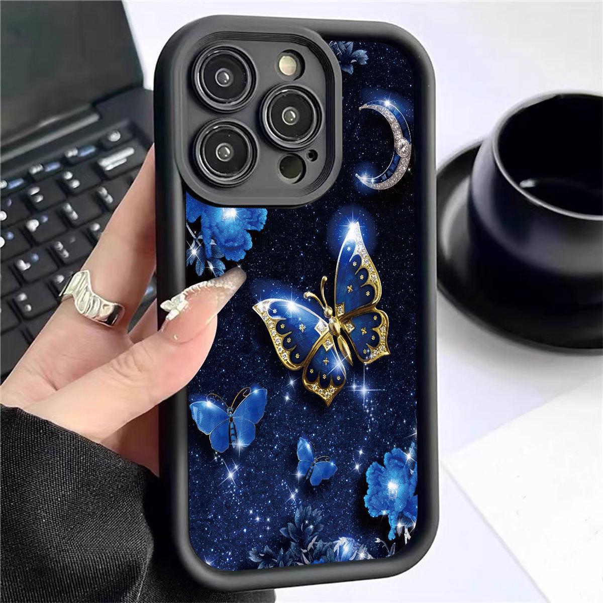 Gold Edge Blue Butterfly iPhone Case for 15/16/17 Pro Max iPhone 11 Pro чёрный