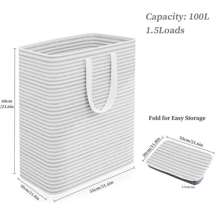 Panier à linge pliable 100L autoportant – 55 x 30 x 60 cm, imperméable, poignées renforcées, gris