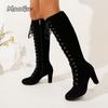 Fashion 2025 Autumn Winter Women's Knee-High Boots Side Zip Chunky High Heel Long Boots Vintage Suede Front Lace Up Botas Mujer Elegant