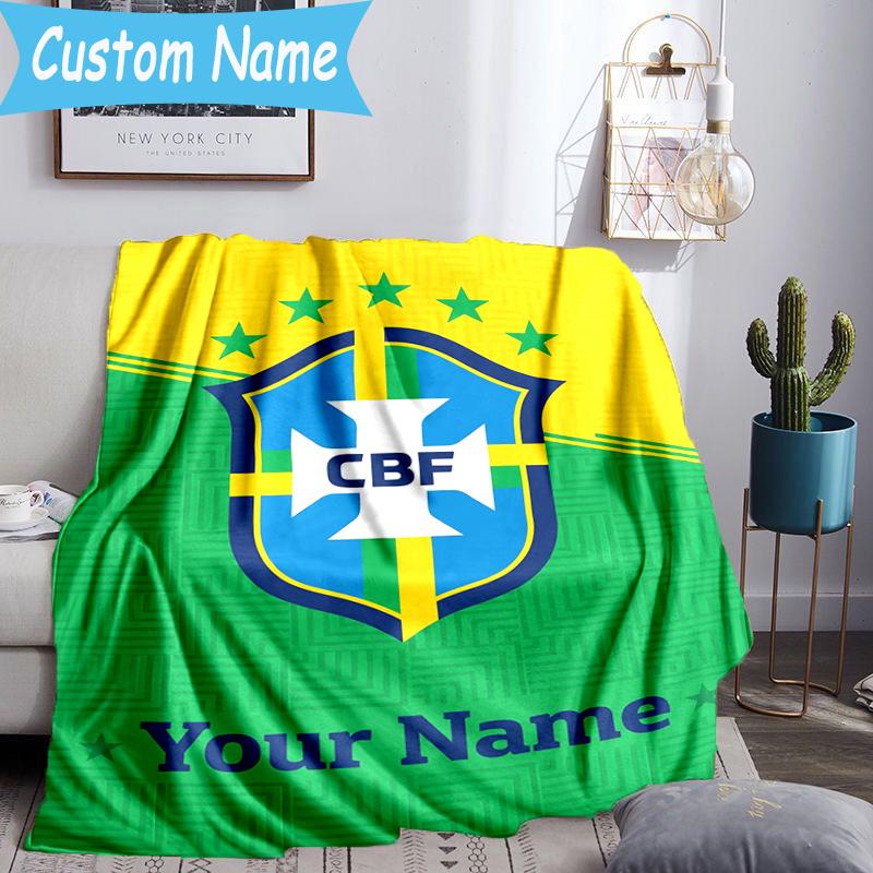 Custom Name Brazilian Football Emblem Flannel Blanket, Use for Birthday/Holiday Gift, Soft Blanket for Sofa/Bed/Camping/Office, Home Decor
