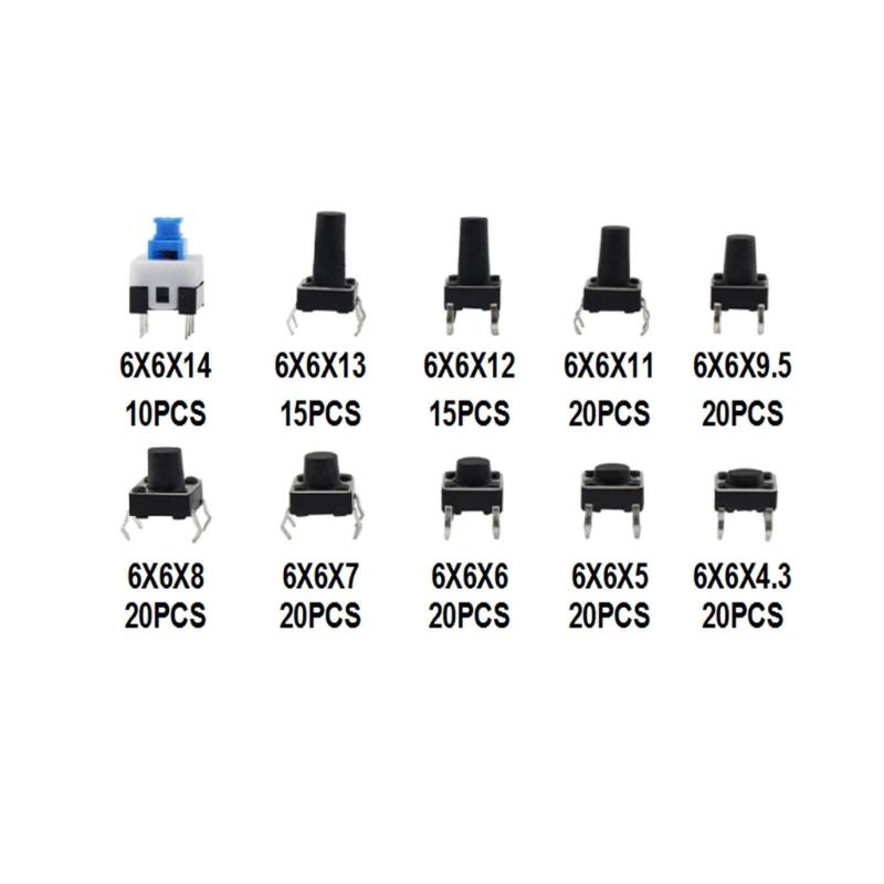 180PCS 10 Type Push Button Switches Kits Assortment Set 4Pin Touches Push Button Switches Momentary Tact Switches