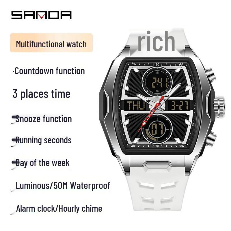 Sanda Dual-Movement Barrel Watch: Luminous Alarm, Large Dial, Multifunctional Student Watch.