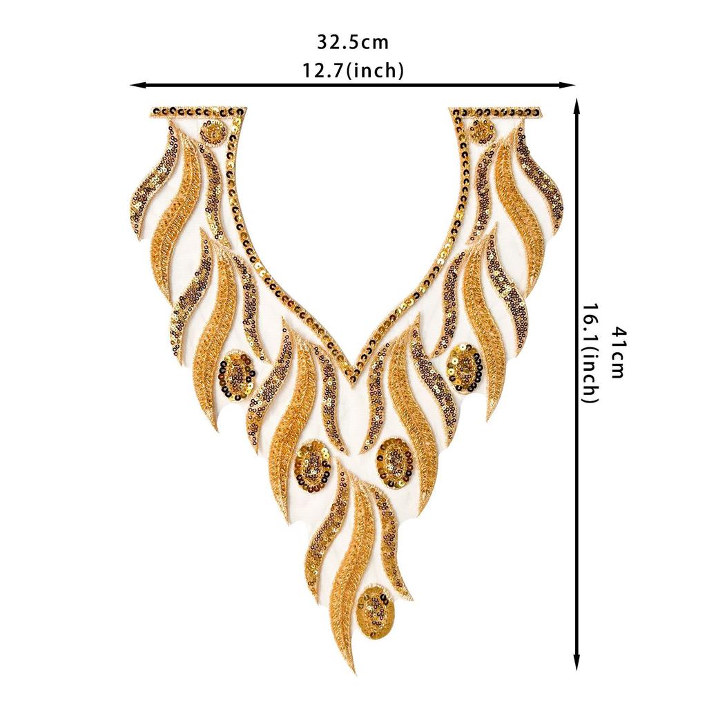 Gold Handmade Beaded Sequins Costume Dress Performance Costume Accessories Decorative V-Neck Front Neck Cloth Stickers Accessories